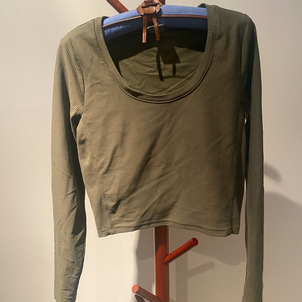 Calia Olive Green Ribbed Scoop Neck Crop Top